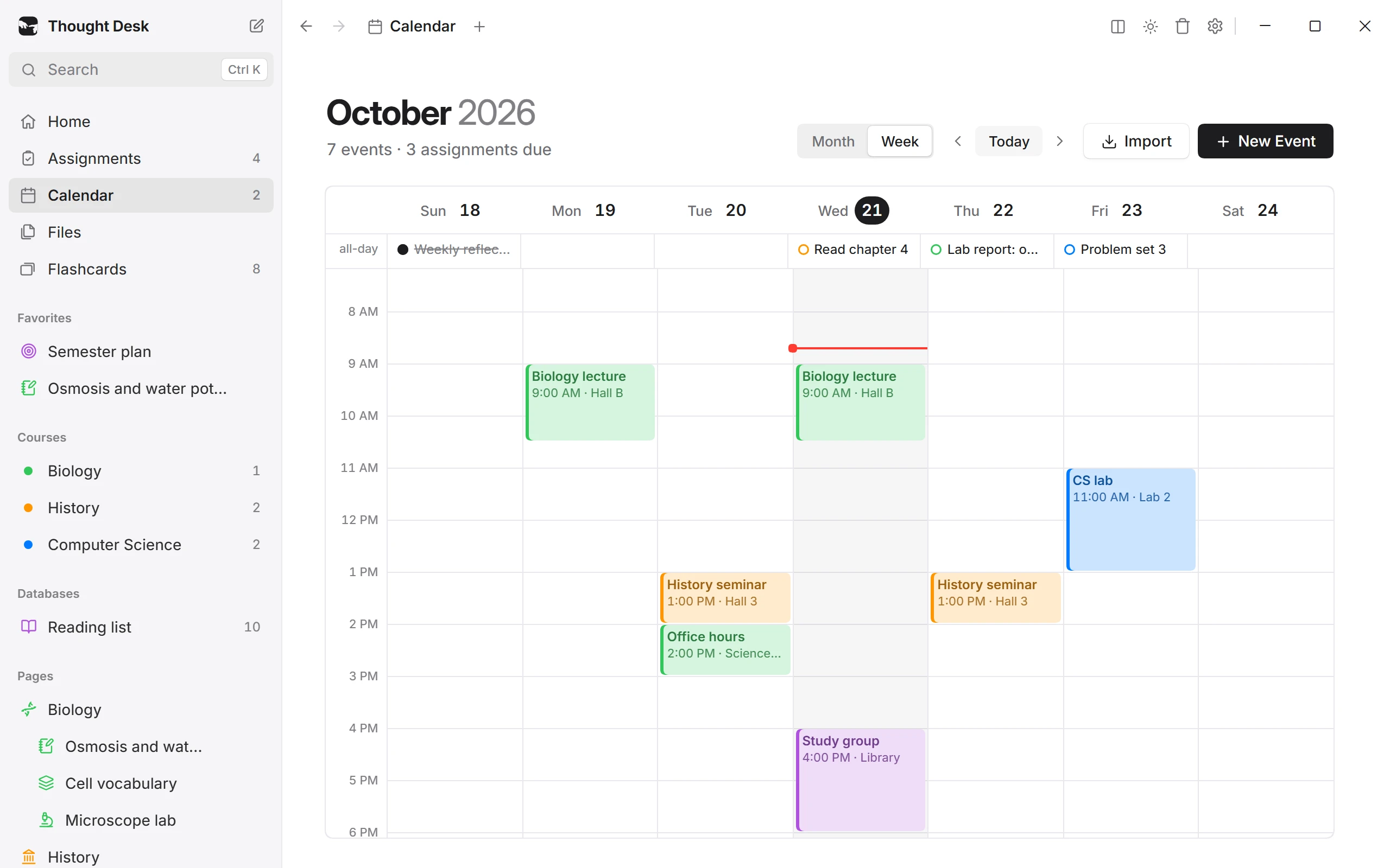 The calendar's week view with lectures, a study group and assignments in each course's colour.