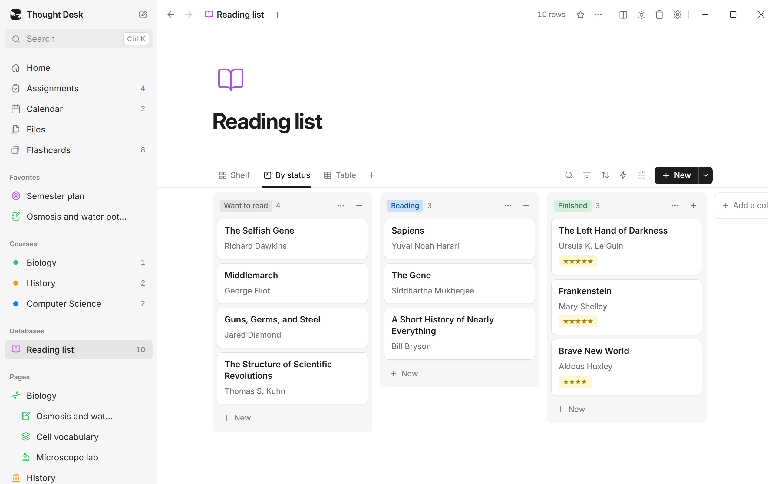 A reading list database shown as a board, with books grouped by whether they're read.