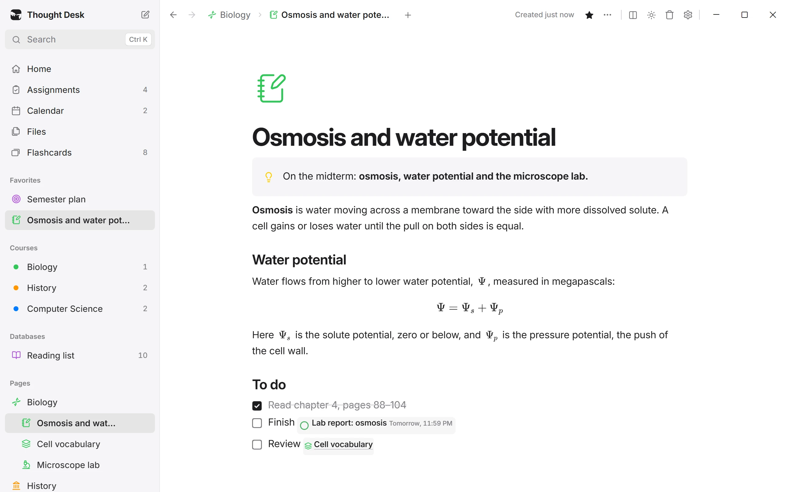 Thought Desk with a page of biology lecture notes: a formula, a to-do list and a linked assignment, beside a sidebar of courses and pages.